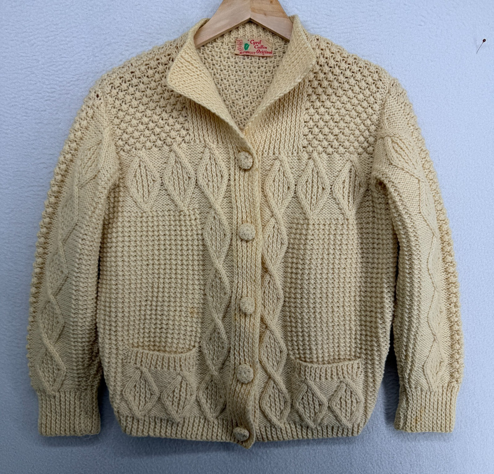 CYRIL CULLEN Cardigan Womens M Irish Wool Fisherman Cable Button Front Ivory VTG
